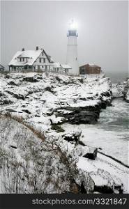Winter view of the Portland Head Light in Maine.