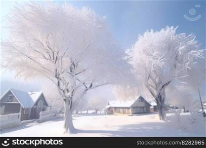 Winter village. Forest nature sky. Generate Ai. Winter village. Generate Ai