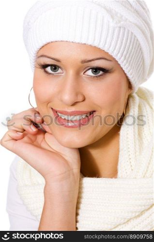 Winter Woman wearing hat and scarf isolated on white