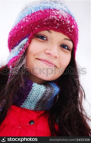 winter women close up portrait in frost forest