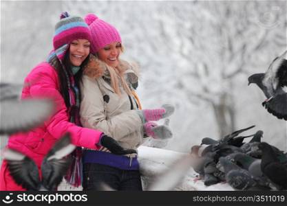 winter women give food to the pigeon