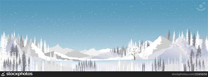 Winter wonderland landscape by the lake covered with frost tree in the snowdrifts.Magical winter forest of beautiful Natural with snow falling on blue sky background, illustration horizon banner