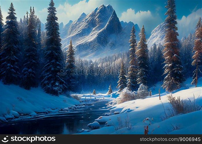 Winter wonderland with snowy trees and mountains.  Generative AI 
