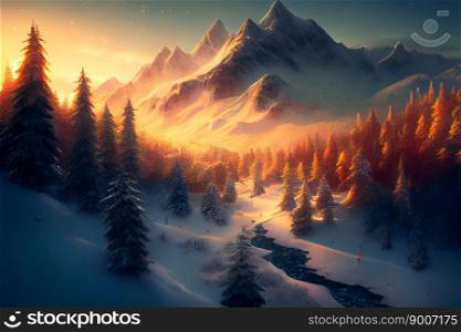 Winter wonderland with snowy trees and mountains.  Generative AI
