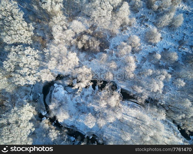 Winter woodland in frost top aerial view. Trees on riverbank. Small creek in forest. Rural dirt road. Snow covered field landscape. Cold weather. Season sunny specific weather. Belarus