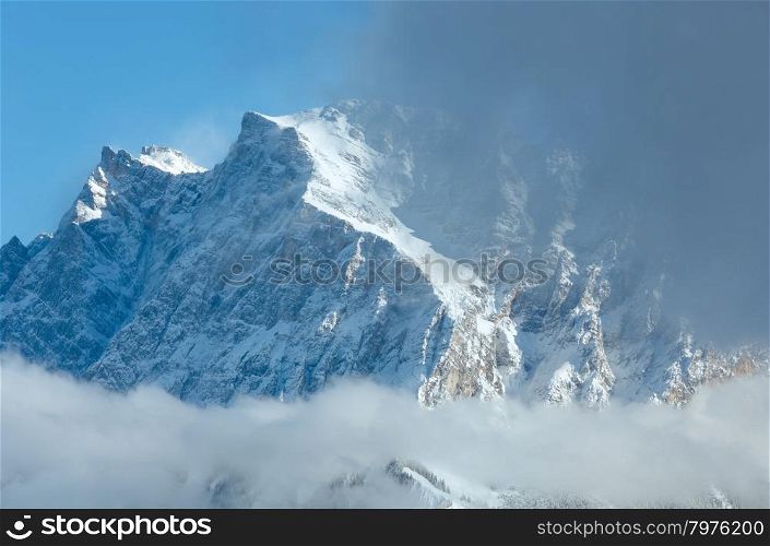 Winter Zugspitze mount (mountain top is close) view from Fern Pass, Austria.