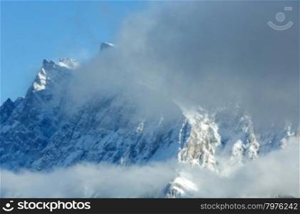 Winter Zugspitze mount (mountain top is close) view from Fern Pass, Austria.