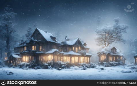 Winterscene of a big cozy house with warm lights, 4k ,16 9