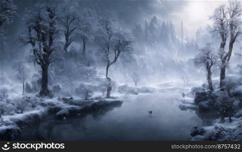 Winterscene of a forest with snow and ice, 4k, 16:9