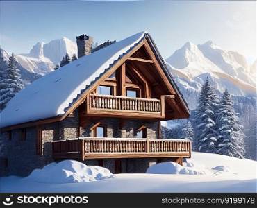 Wintertime chalet in the mountains. Generative AI.