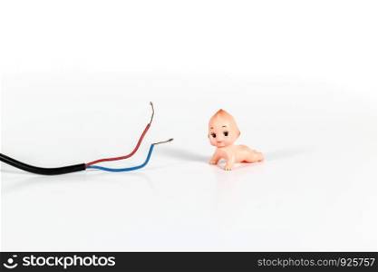 Wire and baby,Conceptual of dangerous for baby in home.