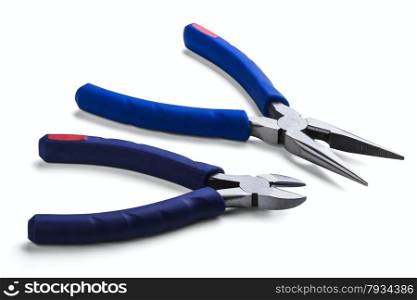 Wire cutting and flat-nose pliers isolated on white background