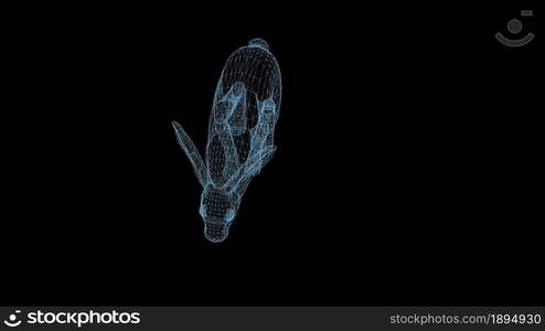 wire frame 3d illustration of rabbit running on black background