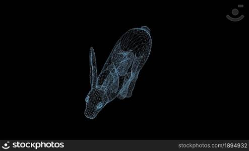 wire frame 3d illustration of rabbit running on black background