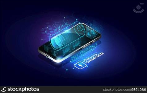 Wireless charging of the smartphone battery. Future concept. The progress of charging. Isometric Vector Illustration.