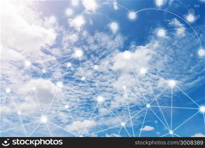 Wireless communication network, IoT Internet of Things and ICT Information Communication Technology concept. Blue sky with cloud in sunny day. Connection background.