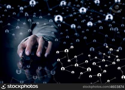 Wireless connection 3D rendering concept. Hand of businesswoman on dark background using wireless computer mouse