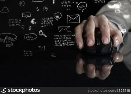 Wireless connection 3D rendering concept. Hand of businesswoman on dark background using wireless computer mouse