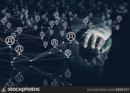 Wireless connection 3D rendering concept. Hand of businesswoman on dark background using wireless computer mouse