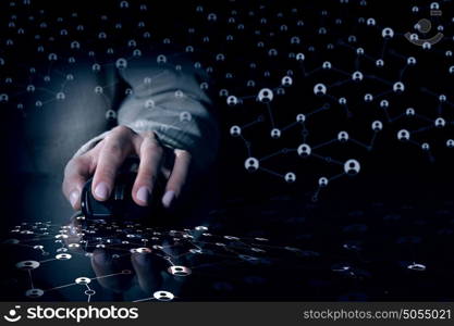 Wireless connection 3D rendering concept. Hand of businesswoman on dark background using wireless computer mouse