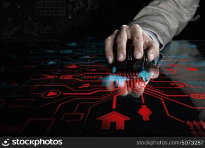 Wireless connection 3D rendering concept. Hand of businesswoman on dark background using wireless computer mouse