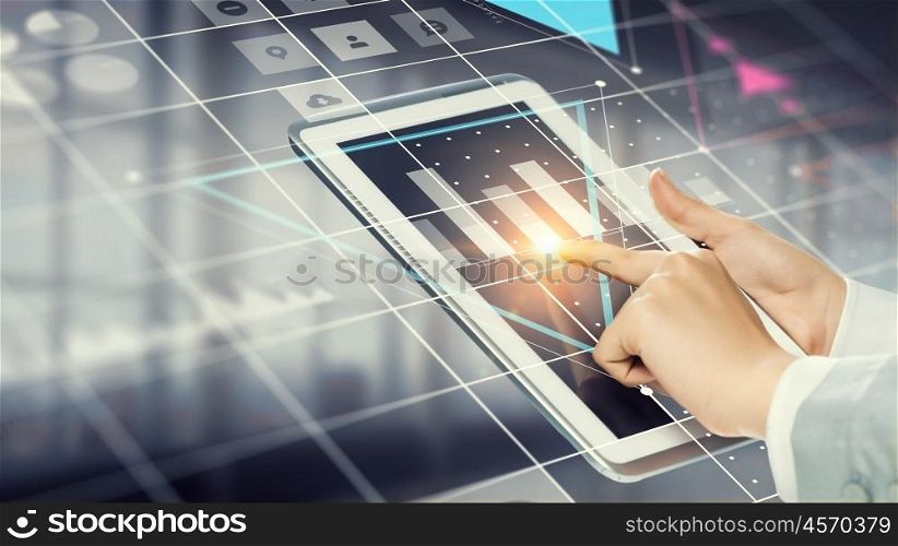 Wireless connection and media technologies. Hands of businesswoman holding tablet presenting media interface