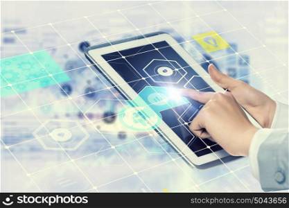 Wireless connection and media technologies. Hands of businesswoman holding tablet presenting media interface