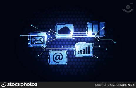 Wireless connection background. Glowing cloud computing concept on dark digital background