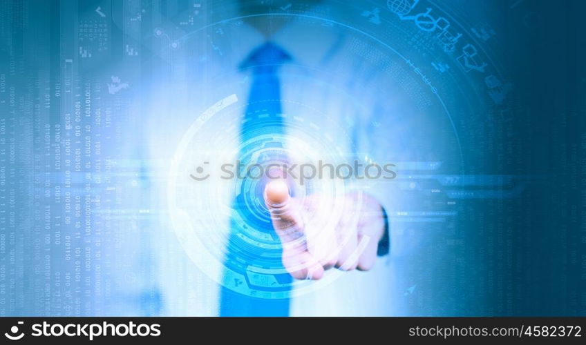 Wireless connection. Close up of businessman touching icon of media screen