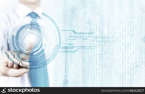 Wireless connection. Close up of businessman touching icon of media screen