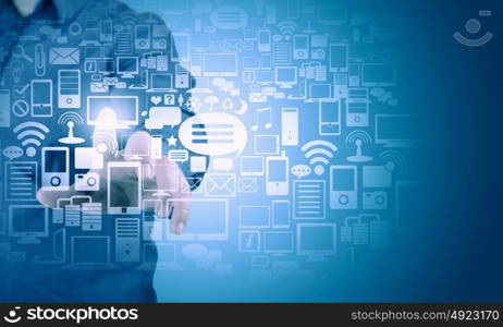 Wireless connection. Close up of businessman touching icon of media screen