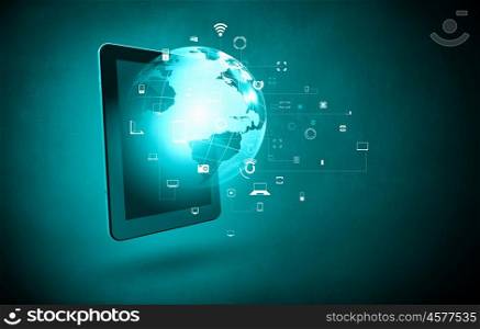 Wireless connection. Cloud computing concept with tablet pc and application icons