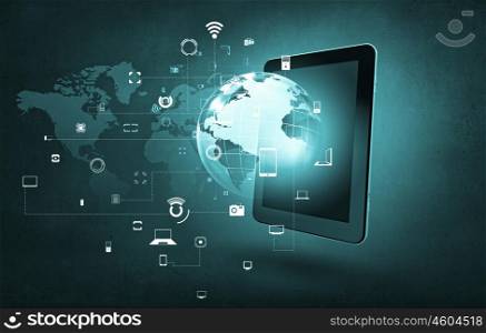 Wireless connection. Cloud computing concept with tablet pc and application icons