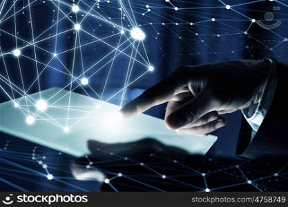 Wireless connection futuristic concept. Businessman hand holding virtual panel representing net connection