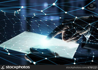 Wireless connection futuristic concept. Businessman hand holding virtual panel representing net connection