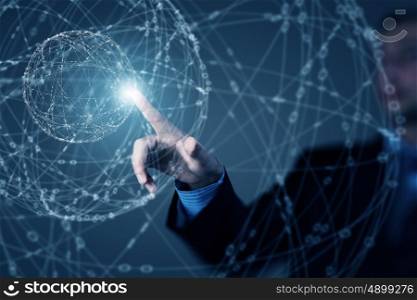 Wireless connection futuristic concept. Businessman hand touching with finger digital connection lines on virtual screen