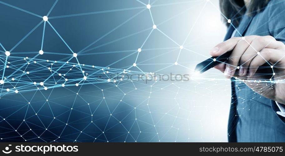Wireless connection futuristic concept. Businesswoman hand drawing digital connection lines on virtual screen