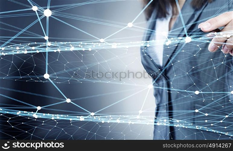 Wireless connection futuristic concept. Businesswoman hand drawing digital connection lines on virtual screen
