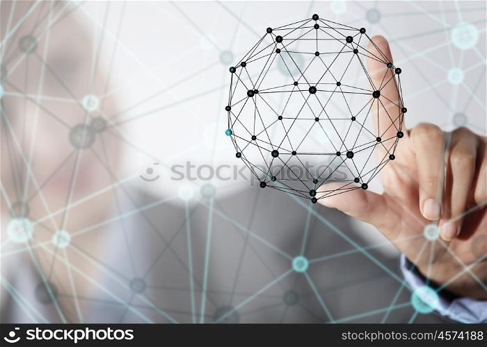 Wireless connection futuristic concept. Businesswoman hand touching with finger digital connection lines on virtual screen