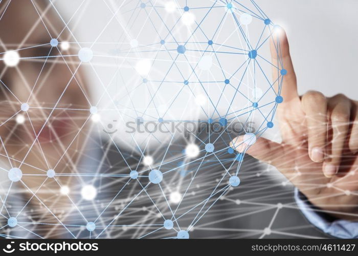 Wireless connection futuristic concept. Businesswoman hand touching with finger digital connection lines on virtual screen