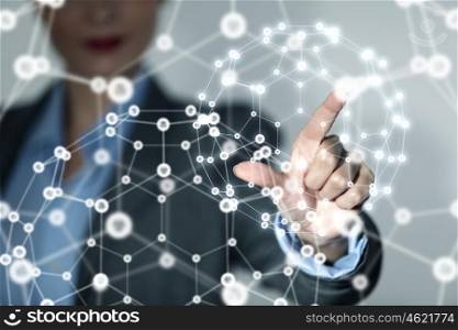 Wireless connection futuristic concept. Businesswoman hand touching with finger digital connection lines on virtual screen