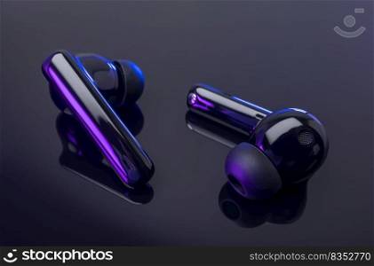 Wireless headphones on black background. Wireless headset closeup isolated on black background.