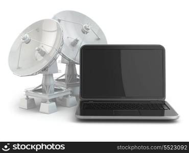 Wireless internet concept. Laptop and satellite dish. 3d