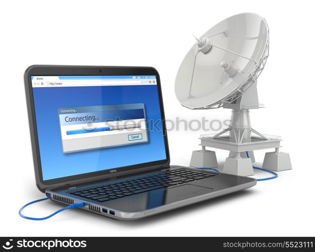 Wireless internet concept. Laptop and satellite dish. 3d