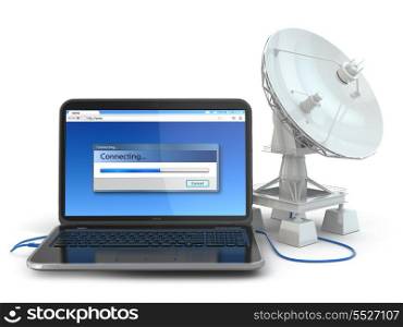 Wireless internet concept. Laptop and satellite dish. 3d