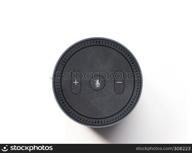 Wireless speaker, voice assistant device on plain white background, top view.