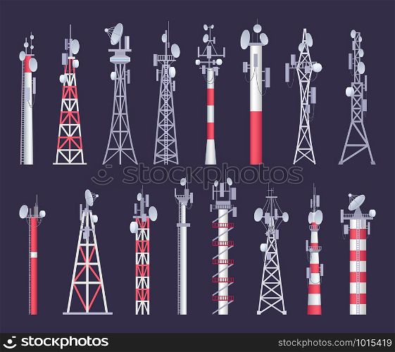 Wireless tower. Tv radio network communication satellite antena signal vector pictures. Illustration of set radio tower and network transmission broadcasting. Wireless tower. Tv radio network communication satellite antena signal vector pictures