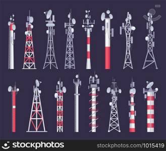 Wireless tower. Tv radio network communication satellite antena signal vector pictures. Illustration of set radio tower and network transmission broadcasting. Wireless tower. Tv radio network communication satellite antena signal vector pictures