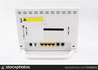 Wireless Wi-Fi router isolated on white background. wifi technology concept. White wireless internet router isolated. Cable modem. Without antenna