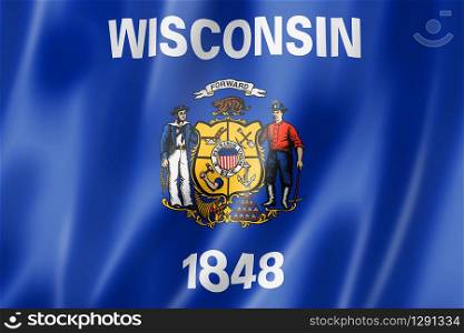 Wisconsin flag, united states waving banner collection. 3D illustration. Wisconsin flag, USA